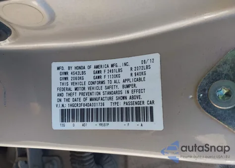 2013 Honda Accord Ex-L V-6 из США, поврежденный, VIN 1HGCR3F84DA001736